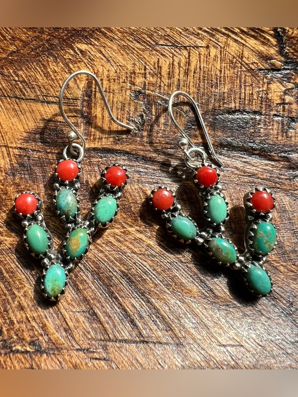 Sterling Silver Kingman Turquoise Red Coral Cactus Dangle Earrings